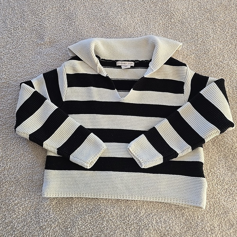Sincerely Jules Cropped Knit Sweater Black/white Striped V-neck Sz XS Y2K Vibes